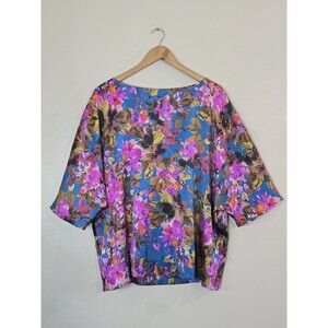 St John Black Label Boat Neck Floral Blouse Womens Size XL Multicolor Top Silk